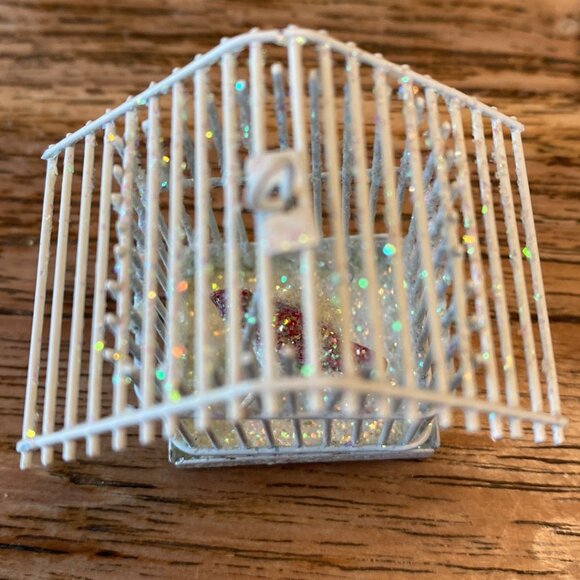 A Pair of White Wire Birdhouse Ornaments w/Red Birds on Swings - Picture 3 of 9